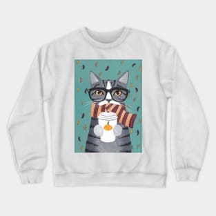 Grey Tabby Autumn Coffee Cat Crewneck Sweatshirt